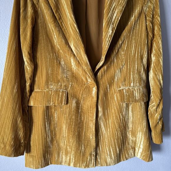 Topshop Women’s Size US2 Yellow Crinkle One Button Velvet Blazer Jacket Glam - Picture 2 of 11